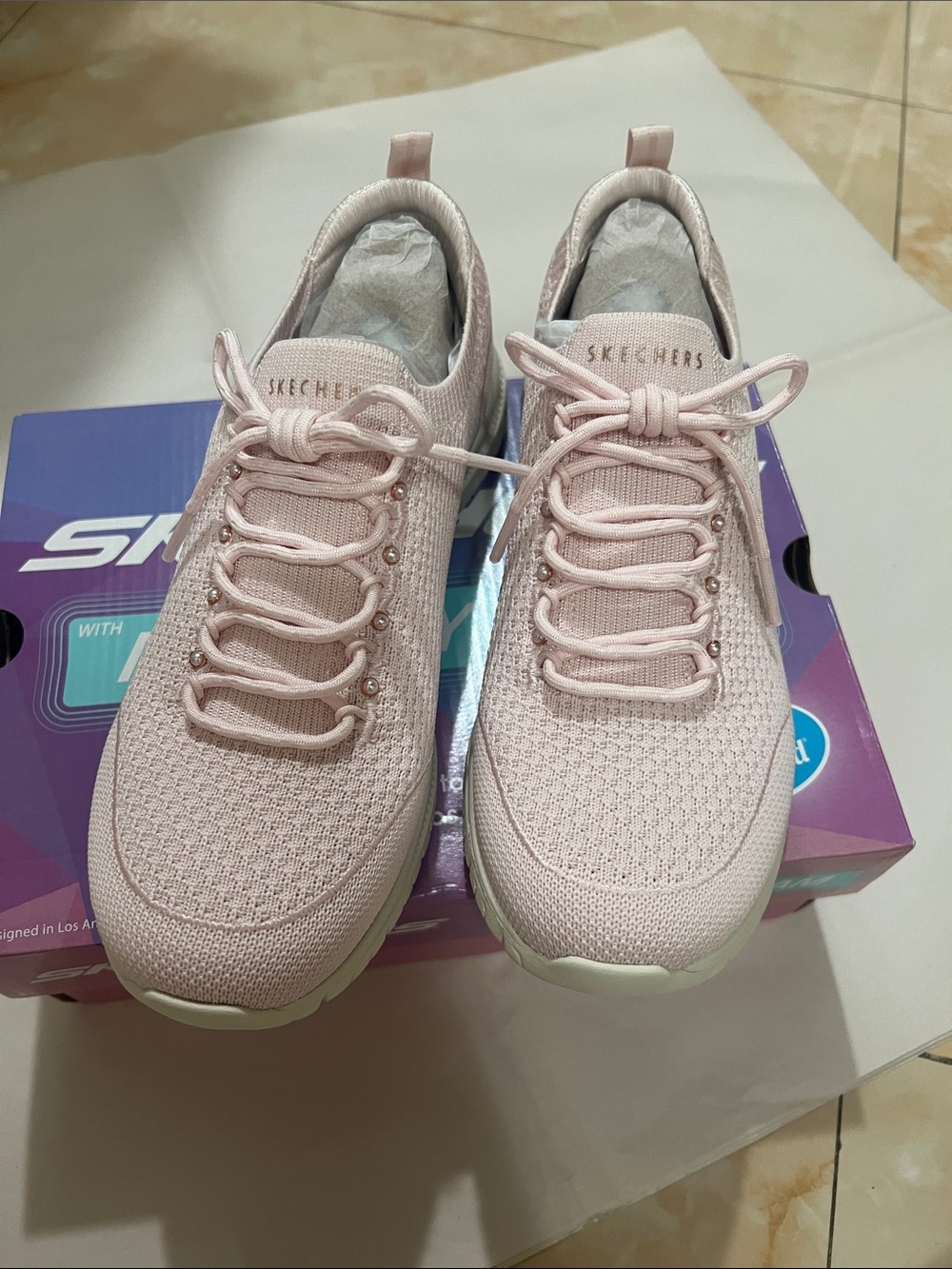 Skechers Women's Light Pink Knit Slip-On Lace Sneakers